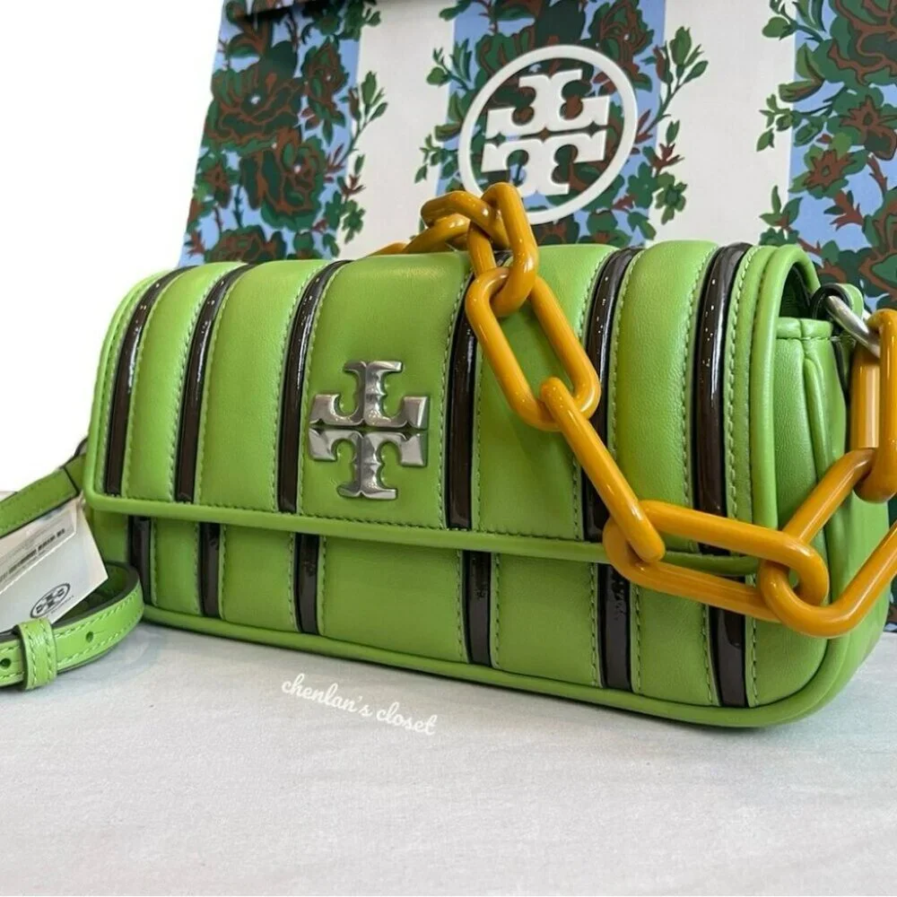 Tory Burch Kira Green Leather Shoulder Bag Stripe Chain Strap Silver Hardware